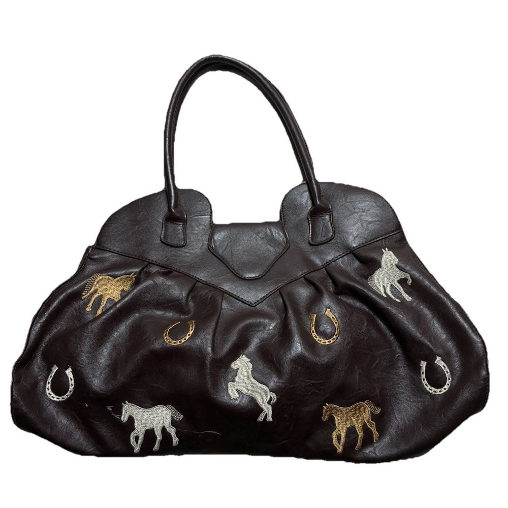 Braciano Purse Brown Faux Leather Embroidered Horses Western Vintage Bag *flaws - Picture 2 of 16